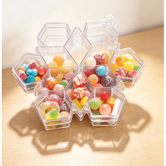 Multi‑Grid Snowflake‑Designed Clear Treat Container, Divided Plastic Storage Box for Assorted Candies, Reusable Holder for Gathering Table and Holiday Gift Use (Snowflake)