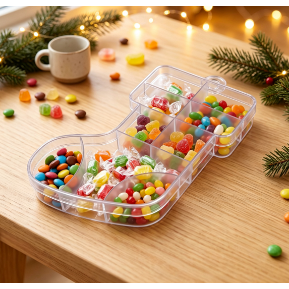 Multi‑Grid Stocking‑Designed Clear Treat Container, Divided Plastic Storage Box for Assorted Candies, Reusable Holder for Gathering Table and Holiday Gift Use (Christmas Stocking)