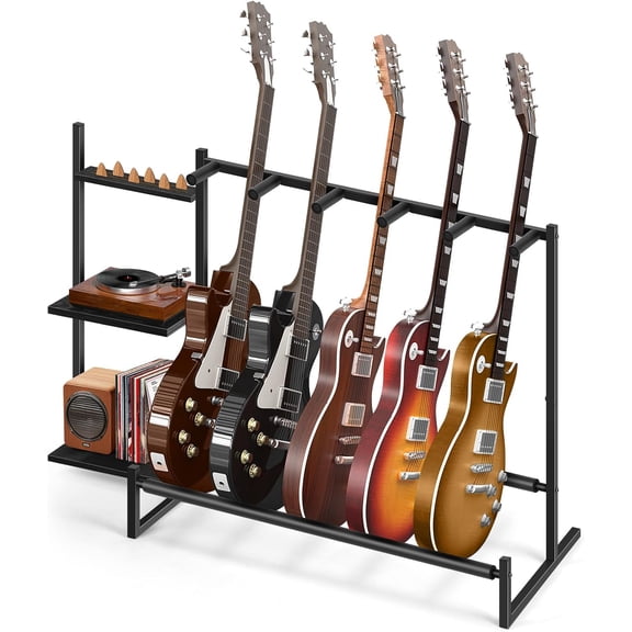 Multi-Guitar Rack, Guitar Stand, Guitar Holder for 5 String Instruments,Suitable for Bass, Banjo,Acoustic Guitar Display Stand with 3-tier Side Shelves for Amp & Record Player,Studio Home