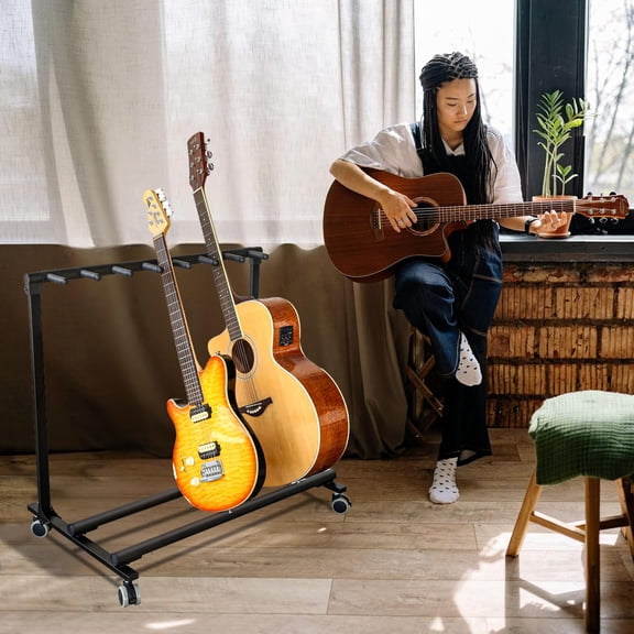 Multi Guitar Stand Rack with Wheels 7 Holders Foldable Guitar Stand Display Rack with No-Slip Rubber Padding Storage for Band Bass Acoustic Electric