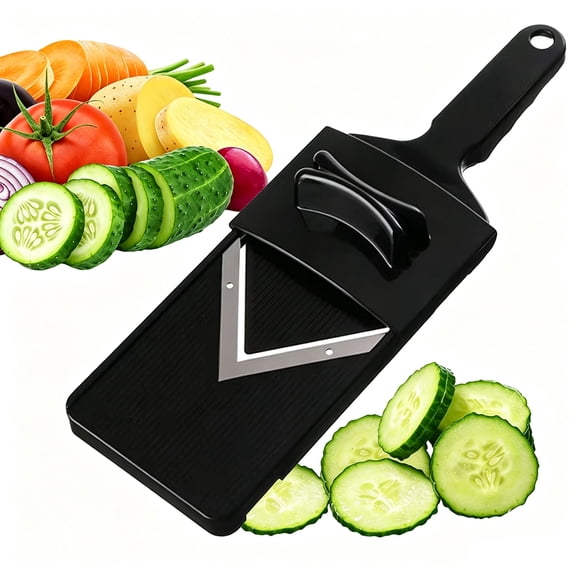 OFEFE Stainless Steel Mandoline Slicer with Interchangeable Blades - Vegetable & Cheese Cutter Shredder for Kids Food Prep, Safe Kitchen Slicer with Cut-Proof Guard & Non-Slip Base (Black)