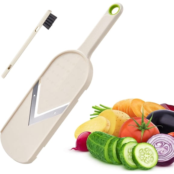 Multi Handheld Mandoline Slicer - Stainless Steel V Blade, with Cleaning Brush, Comfort Grip, Easy to Clean, for Kitchen, Vegetable Chopper, Fruit, Cheese Grater, Potato Chips Slicer (White)
