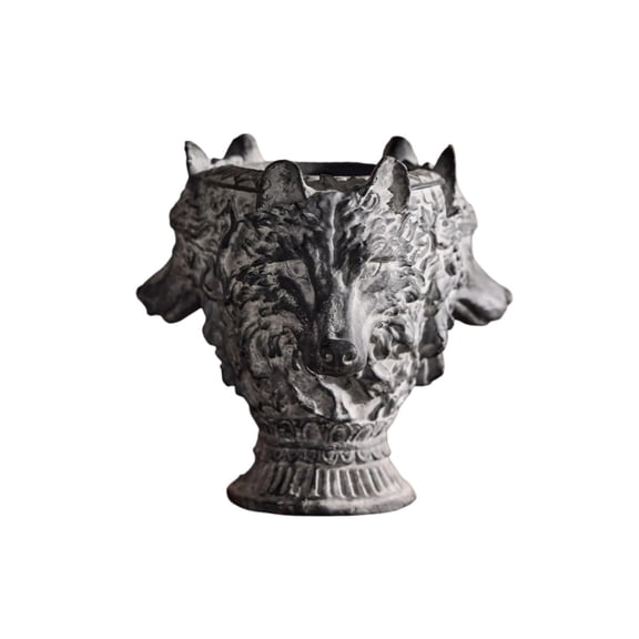Multi-Head Wolf Resin Planter Vase for Gothic Halloween Decor, Spooky Wolf Bust Flower Container with Distressed Finish, Deep Hollow Pot for Patio Yard Tabletop Ornament
