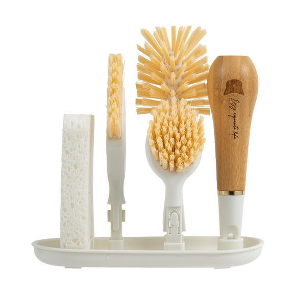 Multi-Head Wooden Handle Cleaning Brush Set with Interchangeable Heads for Kitchen Dishware & Narrow Spaces, Eco-Friendly and Ergonomic Design