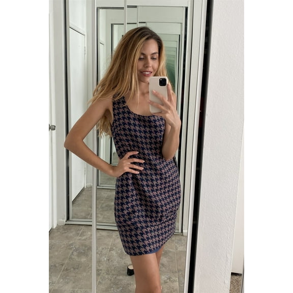 Multi Houndstooth Pattern Sleeveless Mini Dress