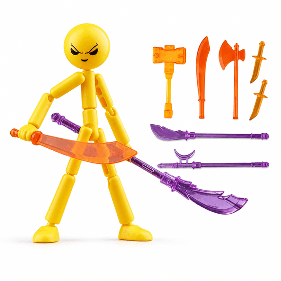 Multi-Joint Poseable Stick Figure Model, DIY Assembled Desktop Action Figure with 7 Accessory Props for Display, Photography, Yellow