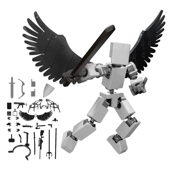 Multi Jointed 3D Printed Winged Action Figure Articulated Robot Doll for Desktop Decoration Stress Relief and Posable Display Light Gray