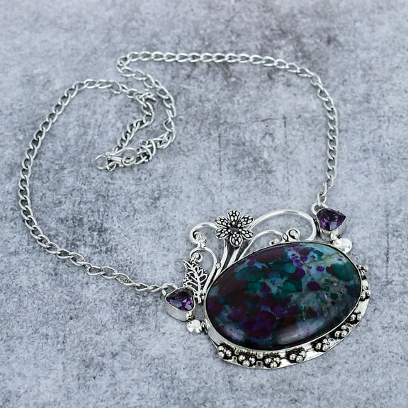 Multi Labradorite, Amethyst Gemstone 925 Sterling Silver Necklace 18"