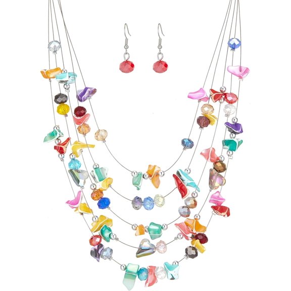 Multi-Layer Boho Shell Beaded Necklace For Women Colorful Crystal Strand With Silver Beads Statement Collars Necklace And Earrings Costumes Jewelry Sets For Women[Z114]
