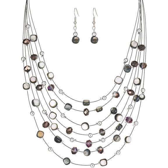 Multi-Layer Boho Shell Beaded Necklace For Women Colorful Crystal Strand With Silver Beads Statement Collars Necklace And Earrings Costumes Jewelry Sets For Women[Z126]