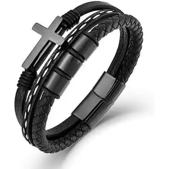 Multi-Layer Braided Leather Bracelets Mens Cross Leather Bracelet Wristband Religious Leather Bracelets Men Customized Gifts