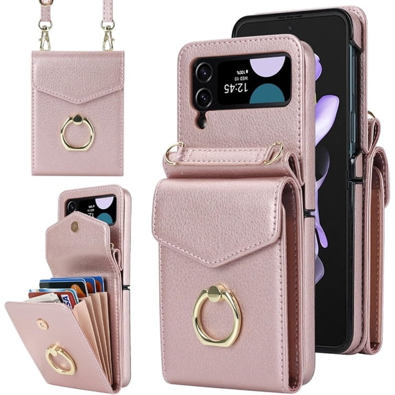 Multi -Layer Card Holder Leather Phone Case for Samsung Galaxy Z Flip 3 / Z Flip 4 5G, Long Lanyard and Wallet Back Cover Metal Buckle and Ring Shell(Pink,Z Flip 3)