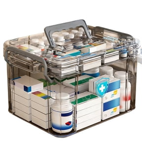 Multi-Layer Clear Large Capacity Home Storage Box, 2-Tier First Aid Medicine Organizer, Portable Translucent Gray Medical Kit for Home and Travel