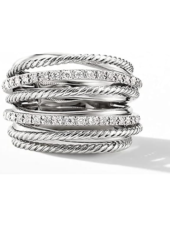 Multi-Layer Crossover Ring, Silver Plated Twisted Cable and Pave CZ Statement Band Sparkling Diamond Fashion Perfect for Her Cubic Zirconia Round Cut Wedding Bands Engagement Promise Ring Sizes 10
