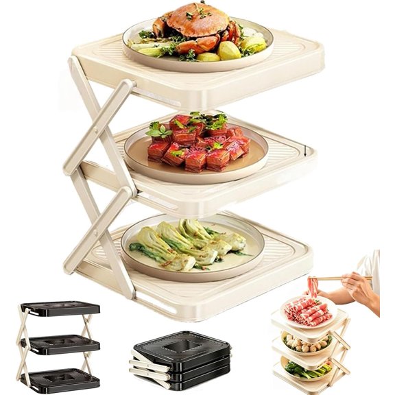 Multi-Layer Dish & Prep Tray Storage Rack,10 inch 3 Tier Serving Tray Tiered Tray Stand,Collapsible Food Display Rack with X-Shaped Leg for Fruits Dessert Presentation Party (Grey)