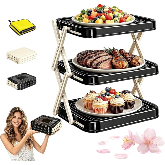 Multi-Layer Dish & Prep Tray Storage Rack, 3-Tier Foldable Food Prep Storage Rack Easy to Store, Collapsible Food Display Racks with X-Shaped Legs for Parties, Picnics, Kitchen(Black)