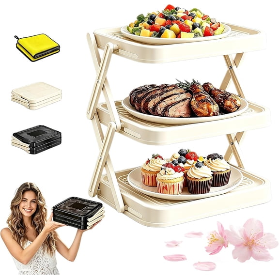 Multi-Layer Dish & Prep Tray Storage Rack, 3-Tier Foldable Food Prep Storage Rack Easy to Store, Collapsible Food Display Racks with X-Shaped Legs for Parties, Picnics, Kitchen(White)