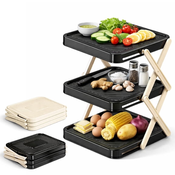 Multi-Layer Dish & Prep Tray Storage Rack – 3-Tier Foldable Organizer for Bowls, Prep Containers, Vegetable Plate Display, Space-Saving for Kitchen Counter