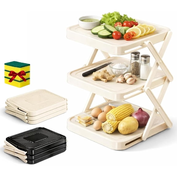 Multi-Layer Dish & Prep Tray Storage Rack, 3-Tier Foldable Serving Tray Stand with X-Shaped Legs, Collapsible Kitchen Organization & Food Display Rack for Parties, Picnics & Cabinet Storage (White)