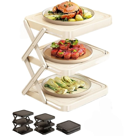 Multi-Layer Dish Prep Tray Storage Rack, 3-Tier Foldable Storage Rack for Bowls and Prep Containers Vegetable Plate Display Rack for Efficient Cooking & Kitchen Organization