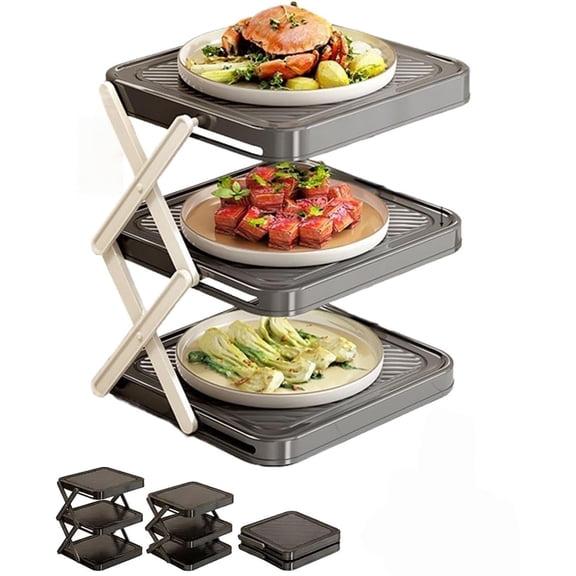 Multi-Layer Dish Prep Tray Storage Rack, 3-Tier Foldable Storage Rack for Bowls and Prep Containers Vegetable Plate Display Rack for Efficient Cooking & Kitchen Organization