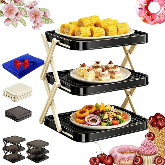 Multi-Layer Dish Prep Tray Storage Rack,Collapsible Food Display Rack with X-Shaped Legs,Multifunctional Foldable Vertical Plate Racks,Space-Saving Platter Holder for Parties, Picnics (Black)