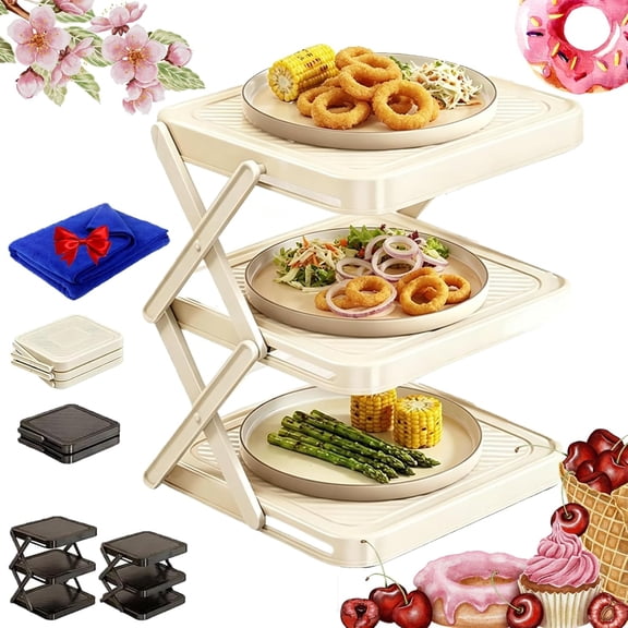 Multi-Layer Dish Prep Tray Storage Rack,Collapsible Food Display Rack with X-Shaped Legs,Multifunctional Foldable Vertical Plate Racks,Space-Saving Platter Holder for Parties, Picnics (White)