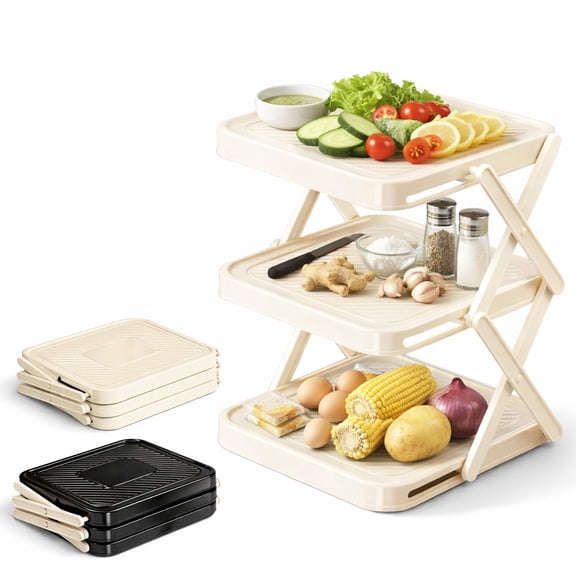 Multi-Layer Dish & Prep Tray Storage Rack Foldable 3-Tier Vegetable Plate Display Rack for Kitchen Counter Organization