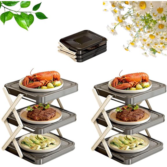 Multi-Layer Dish & Prep Tray Storage Rack, Foldable Kitchen Prep Rack, 3 Tier Kitchen Side Dish Organizer, Easy to Clean, Easy to Store When Not in Use, Ideal for Kitchen Organization (2Pcs-Gray)