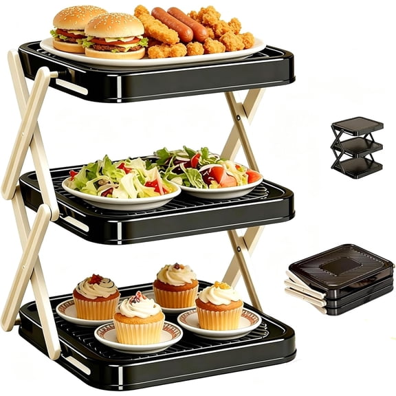 Multi-Layer Dish Prep Tray Storage Rack, Foldable Kitchen Prep Rack, 3 Tier Kitchen Side Dish Organizer, Vegetable Plate Display Rack Organizer Dish, Easy to Store When Not in Use (Black)