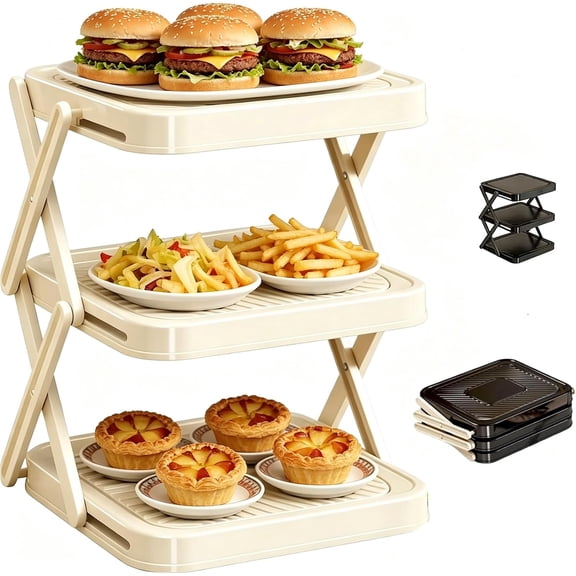 Multi-Layer Dish Prep Tray Storage Rack, Foldable Kitchen Prep Rack, 3 Tier Side Dish Organizer Vegetable Plate Display Rack, Easy to Store (White, 26cm)