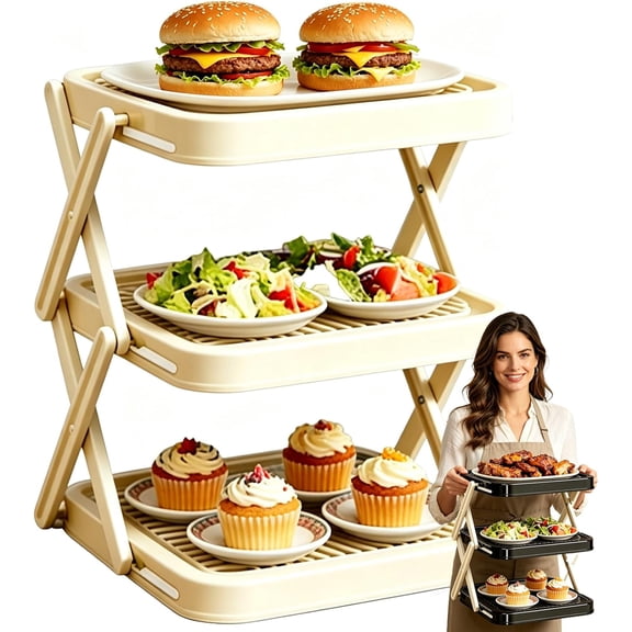 Multi-Layer Dish & Prep Tray Storage Rack, Multifunctional Foldable Vertical Plate Organizer for Cabinet, Vegetable Plate Display Rack Organizer Dish, Compact and Easy to Store When Folded