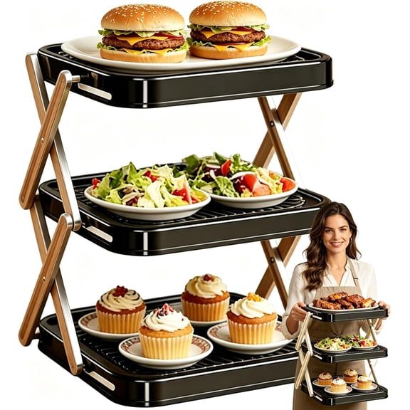 Multi-Layer Dish & Prep Tray Storage Rack, Multifunctional Foldable Vertical Plate Organizer for Cabinet, Vegetable Plate Display Rack Organizer Dish, Compact and Easy to Store When Folded
