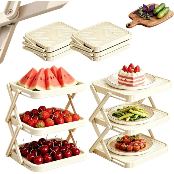 Multi-Layer Dish & Prep Tray Storage Rack, Space-Saving 3 Layer Stand Foldable Dish Storage Rack, Multifunctional Food Display Drying Tray Stand Racks with X-Shaped Legs for Picnics & Kitchen (2 PCS)