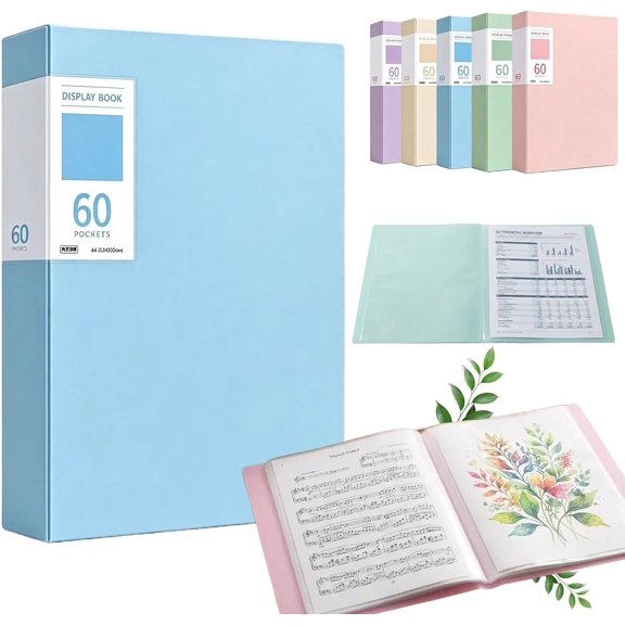Multi-Layer Display Book File Folder, Morandi Document Folder with 60 Transparent Sleeves for A4 Papers, Sheet Music, Artwork, Certificates(Blue)