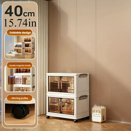 Multi-Layer Folding Storage Cabinet with Wheels & Doors - Large Capacity Stackable Organizer for Bedroom, Kitchen, Living Room - Space-Saving White Design