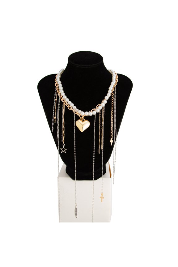 Multi-Layer Imitation Pearl Heart Pendant Necklace for Women, Star Moon Leaf Cross Tassel Design, Wedding Party and Daily Wear Accessory