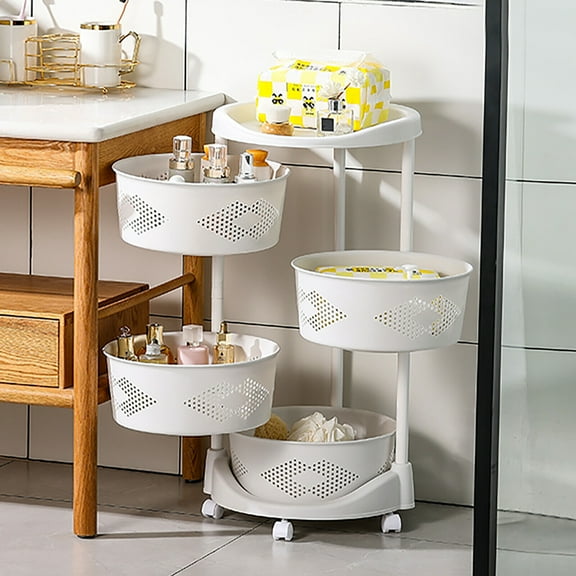 Multi-Layer Kitchen Storage Rack,4 Tier Rotating Vegetable Organizer with Lockable Casters,Floor-Standing Storage Rack,Household Storage Rack for Home Kitchen Bathroom Salon,White (4-Tier)