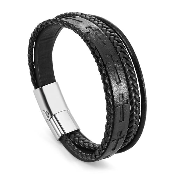 Multi-Layer Leather Cord Bracelets with Magnetic Buckles Black 8-1/4 inch(21cm)