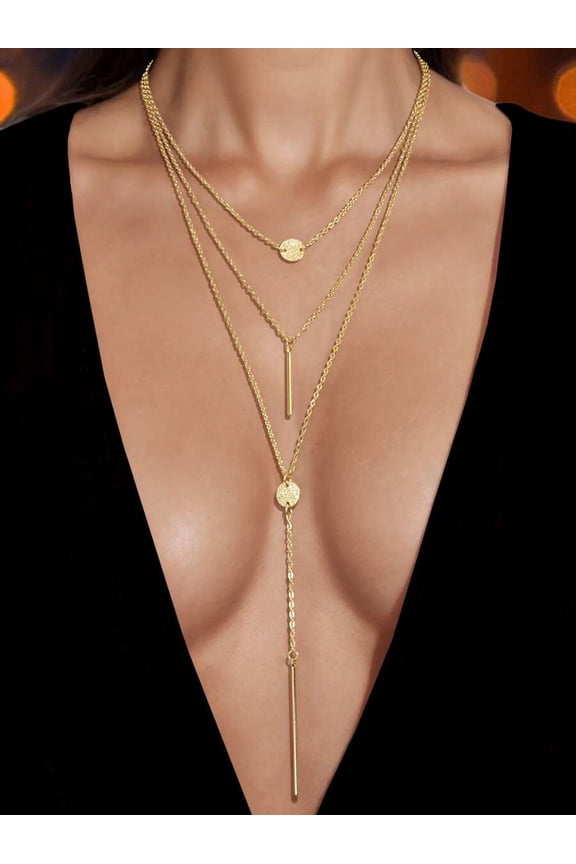 Multi-Layer Long Chain Necklace, Yellow Gold Tone Geometric Pendant for Women