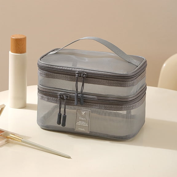Multi-Layer Mesh Toiletry Bag, Transparent See-Through Cosmetics Storage Bag, Large Capacity Organizer for Shampoo Lotion Makeup Brushes, Portable for Business Trips Travel Gym, Gray, 1pc