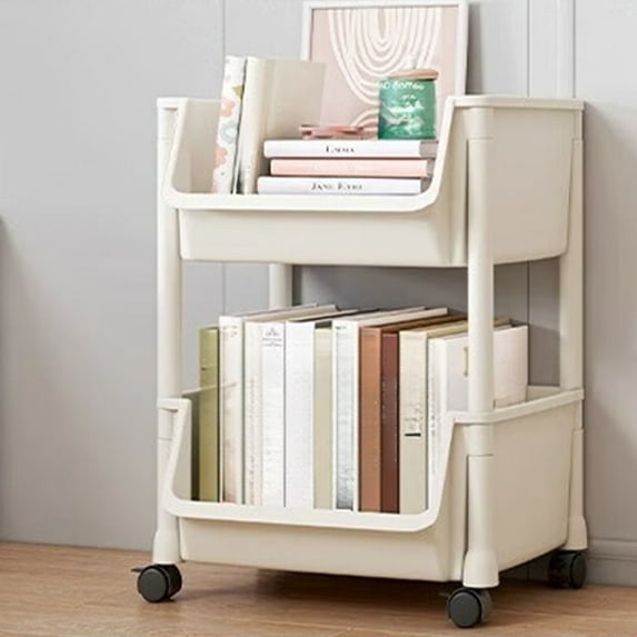 Multi-Layer Movable Plastic Storage Rack with Wheels, U-Shaped Opening & Front-Open Design with Raised Guardrail, Large Capacity Layered Organizer Cart with Hooks White