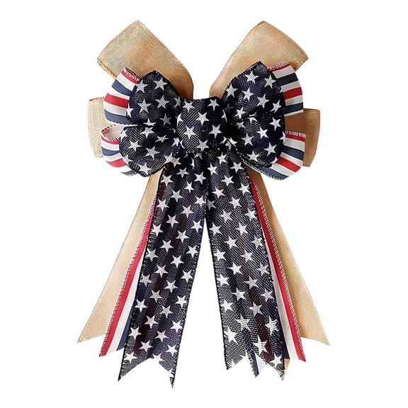 Multi-Layer Navy Star Red White Stripe Wired Edge Burlap Bow Independence Day Patriotic Hanging Bow For Front Door Wreath Fireplace Mantel Indoor Outdoor 4th of July Party Home Decor (Khaki-42x30cm)