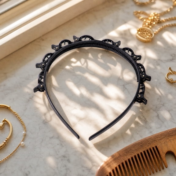 Multi-Layer Openwork Braided Headband with Double-Layer Bang Clips—Trendy Headband for Social Media Influencers Black