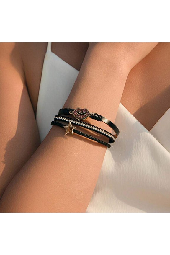 Multi-Layer PU Leather Wrap Bracelet Set SZ00112-2 With Rhinestones, Lip