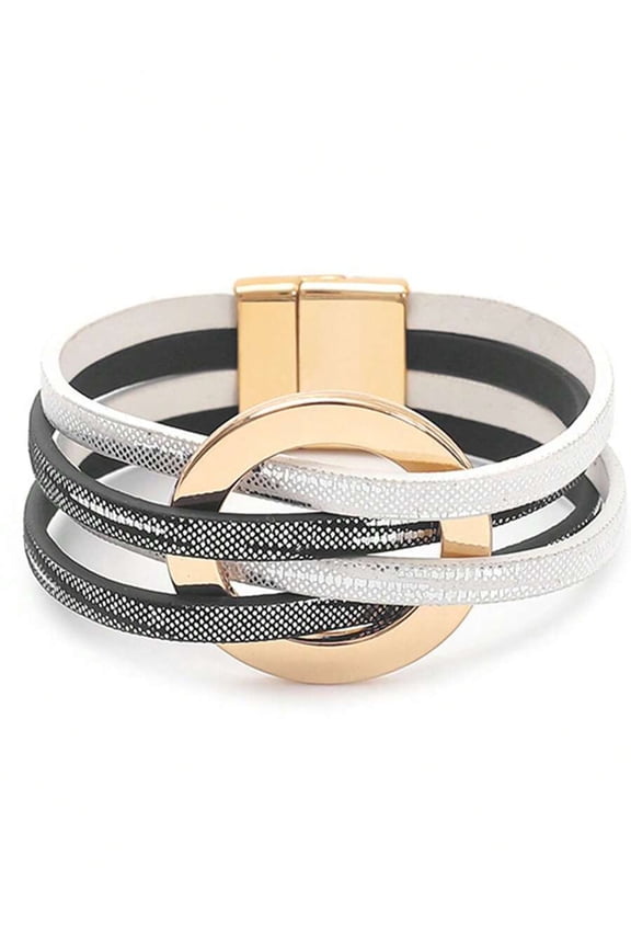 Multi-Layer PU Leather Wrap Bracelet with Magnetic Clasp, Black & White, 1 Pack