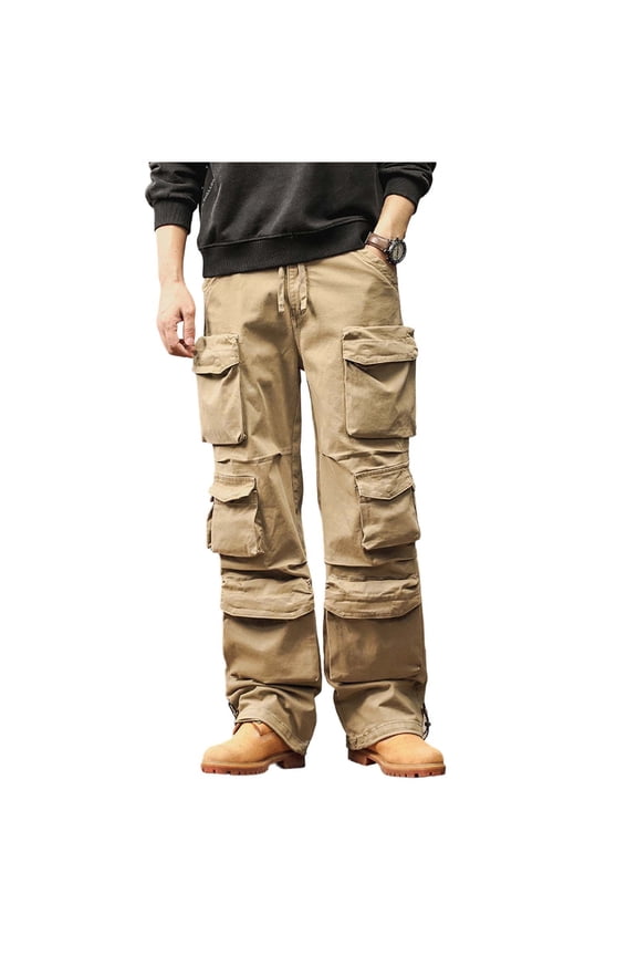 Multi Layer Patch Pocket Straight Cargo Pants for men, Solid Plus Size Outdoor Hiking Sport Long Trousers