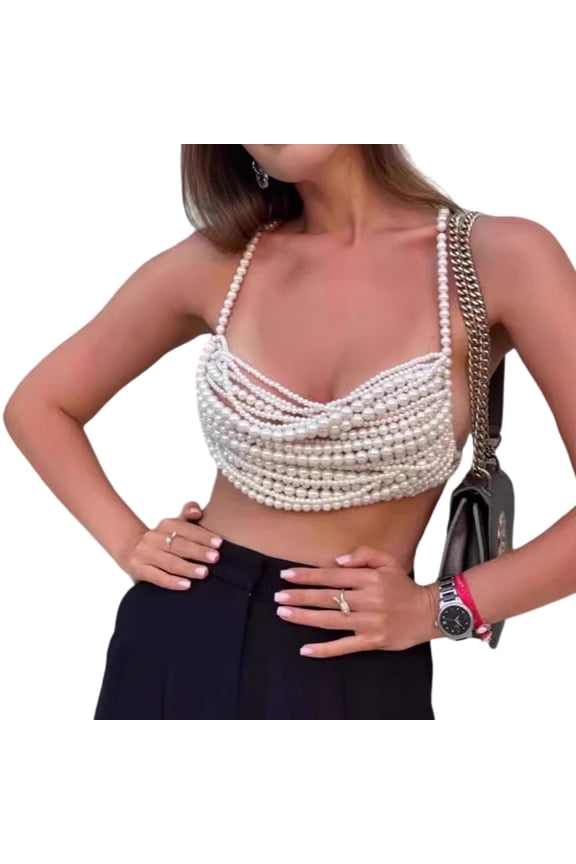 Multi Layer Pearls Bikini Bra Body Jewelry Halter Bustier Tube Top for Women