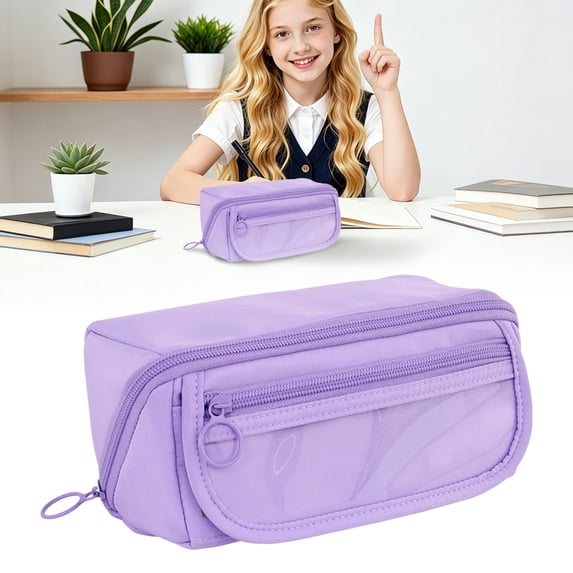 Multi Layer Pencil Case, Large Capacity Stationery Organizer Pencil Bag, Front Clear Window Pen Pouch, Multi Compartment Bag, Soft Fabric Multi Zipper Storage Bag for Daily Study 1Pcs