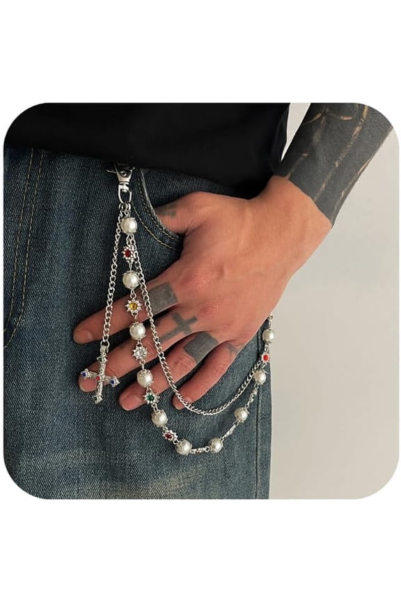 Multi-Layer Rhinestone Daisy Wallet Chain for Jeans, Pearl & Cross Pants Keychain for Women Men, Y2K Punk Hip Hop Bag Accessory, Edgy Fashion Jewelry Gift